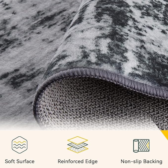 Washable Area Rugs7'x9' Non-Slip Modern Abstract Soft for Living Room Entryway Bedroom Nursery, Print Pattern, Black Gray