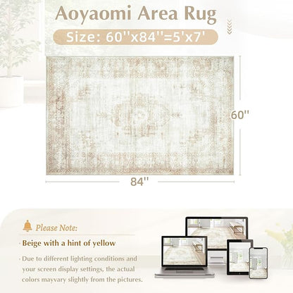 Vintage Living Room Area Rug - 5x7 Large Machine Washable Boho Moroccan Distressed Farmhouse Rugs for Bedroom - Soft Non-Slip Indoor Floor Accent Rugs for Office Dining Room (Beige, 5' x 7')