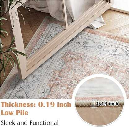 jinchan Floral 5x7 Area Rugs for Bedroom - Machine Washable Vintage Distressed Boho Design Throw Rug Stain Resistant Carpet Low-Pile Thin Non-Slip for Nursery Living Room Dining Room (5‘x7', Orange)