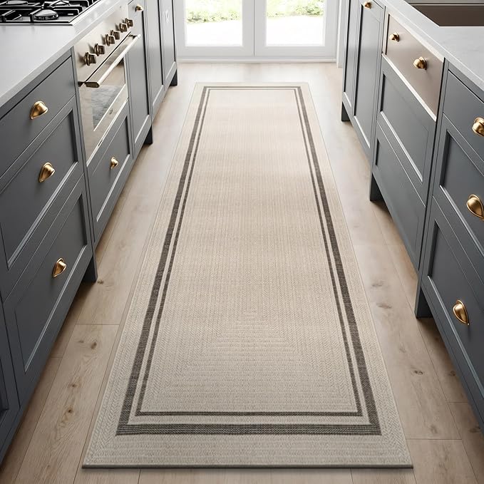 Beverly Rug Easy Jute Bordered Runner Rug 2x7 Washable Durable Indoor Outdoor Area Rugs for Living Dining Room Patio Office Stain Resistant Non Shedding Casual Indoor Outside Carpet 2 x 7 Off-White