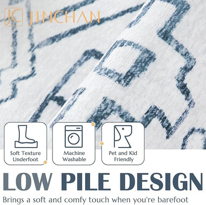 jinchan Moroccan 2x3 Rug for Entryway - Machine Washable Rug Modern Geometric Kitchen Soft Faux Wool Non-Slip Indoor Doormat Ultra-Thin Carpet for Entrance Bathroom Bedroom Living Room (2x3ft, Blue)