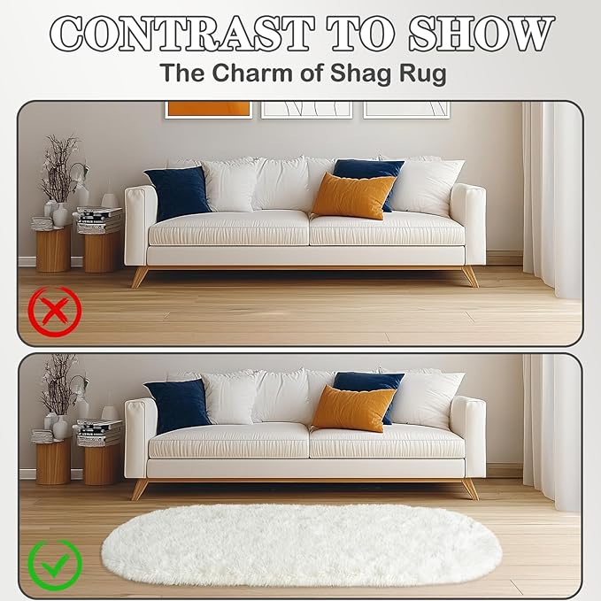 Soft Fluffy Rugs for Bedroom, Cream White Fuzzy Shaggy Oval Bedside Area Rug Set of 2, Non-Slip Cozy Plush Shag Carpet for Kids Room Nursery Dorm Living Room, 2.6 x 5.3 Feet