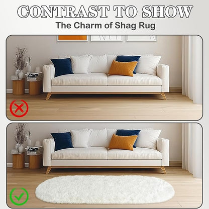 Soft Fluffy Rugs for Bedroom, Cream White Fuzzy Shaggy Oval Bedside Area Rug Set of 2, Non-Slip Cozy Plush Shag Carpet for Kids Room Nursery Dorm Living Room, 2.6 x 5.3 Feet