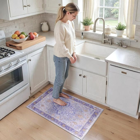 Area Rugs 2'x3' Washable Non-Slip, Floral Vintage Distress Print Pattern Medallion Carpet for Living Room Bedroom Dining Room, Light Purple Brown