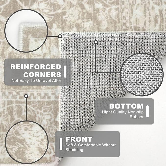 KILOCOCO Hallway Runner 2x6 Kitchen Runner Rug Printed Vintage Floral Washable Non-Slip Runners for Hallways Laundry Room Rugs Distressed Boho Rugs Runners for Bedroom, Beige