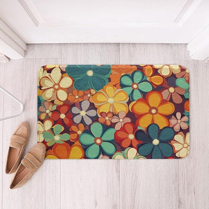 Erosebridal Groovy Flower Bathroom Rugs 70s Party Bath Mat Rainbow Floral Non Slip Bath Rugs Boho Hippie Fluffy Plush Rugs 20x32 Vintage Retro Party Shower Carpet for Girl Woman