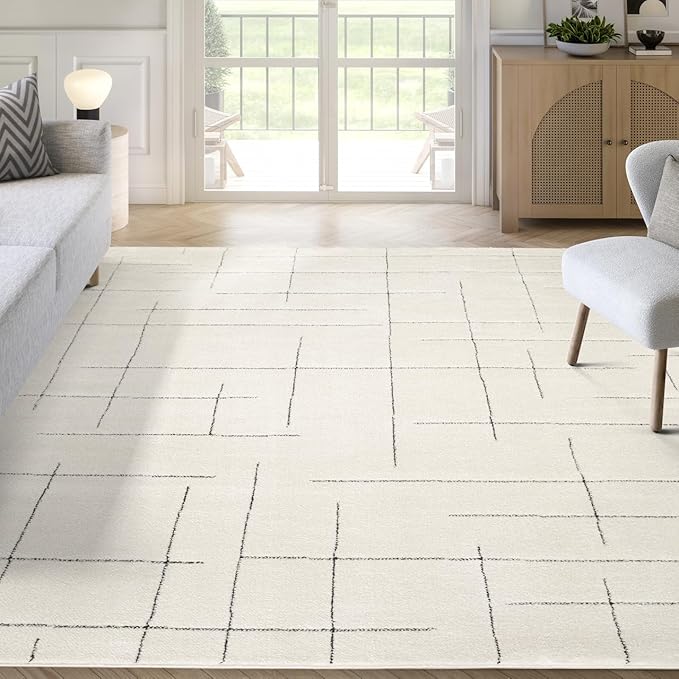 Abani Cream Area Rug – 5' x 8' – Oliver Collection – Striped Pattern – Non-Shedding, Easy to Clean – Durable for Living Room, Bedroom, or Office, Pet & Child Friendly