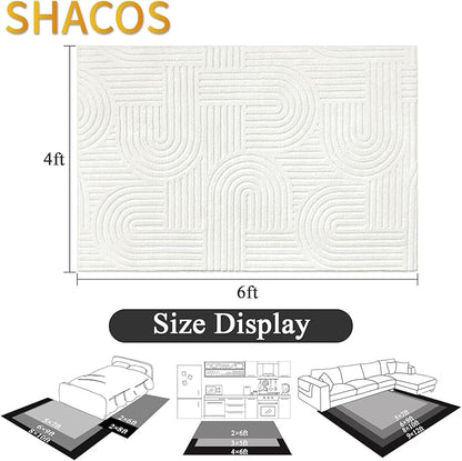 SHACOS Soft Cozy Fluffy Arch Pattern High Low Pile Rugs 4'x6' Non Slip Washable Scandinavian Minimalist Rug Modern Geometric Arc Carpet for Living Room Bedroom Dining Room, Cream White