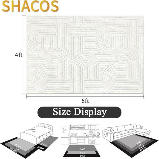 SHACOS Soft Cozy Fluffy Arch Pattern High Low Pile Rugs 4'x6' Non Slip Washable Scandinavian Minimalist Rug Modern Geometric Arc Carpet for Living Room Bedroom Dining Room, Cream White