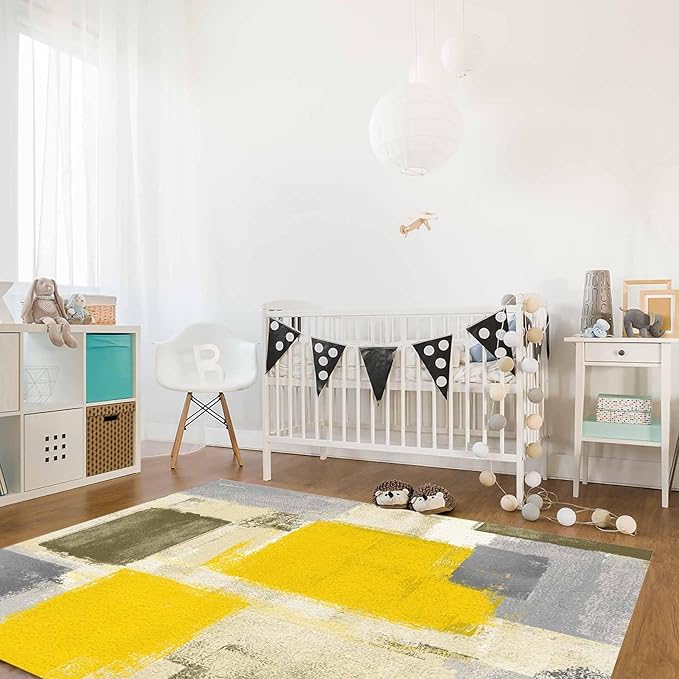 Yellow Rectangular Area Rugs for Living Room Bedroom 3 x 5 ft Abstract Paint Texture Modern Art Non-Shedding Soft Low Pile Rug Non Slip Washable Rug for Nursery Entryway Playroom