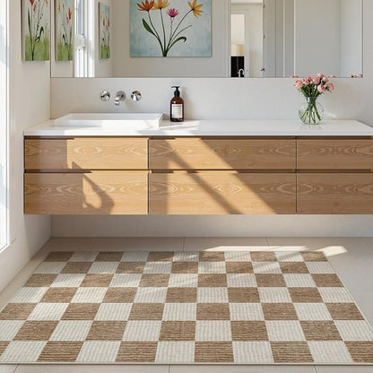 LIVEBOX 3x5 Washable Area Rug Checkered, Non-Slip Small Entryway Rug Brown Farmhouse Neutral Classic Geometric Boys Rug for Bedroom Room Low-Pile Carpet for Indoor Kitchen Bathroom(Brown 3'x5')