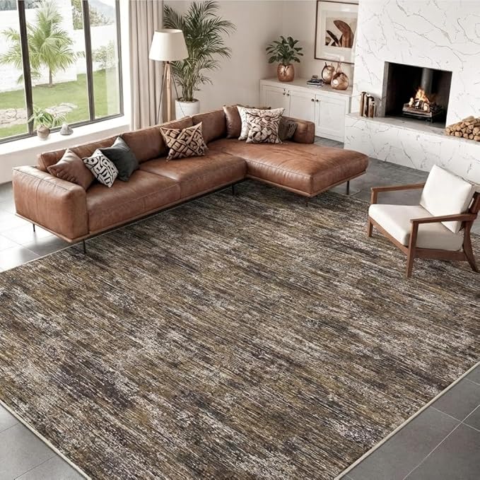Garvee Large Area Rug 10x13 Living Room Rugs Machine Washable Area Rugs for Bedroom, Modern Solid Color Non Slip Stain Resistant Carpet, Non Shedding Low Pile Soft Mats for Office, Brown