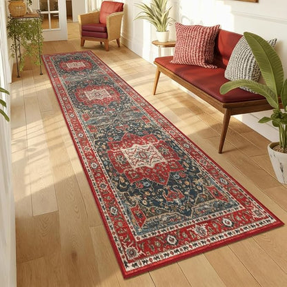 Enkor Runner Rugs for Hallway, 2x8 Washable Soft Boho Non Slip Floor Rugs for Kitchen, Modern Mat for Living Room Bedroom Entryway Red & Blue