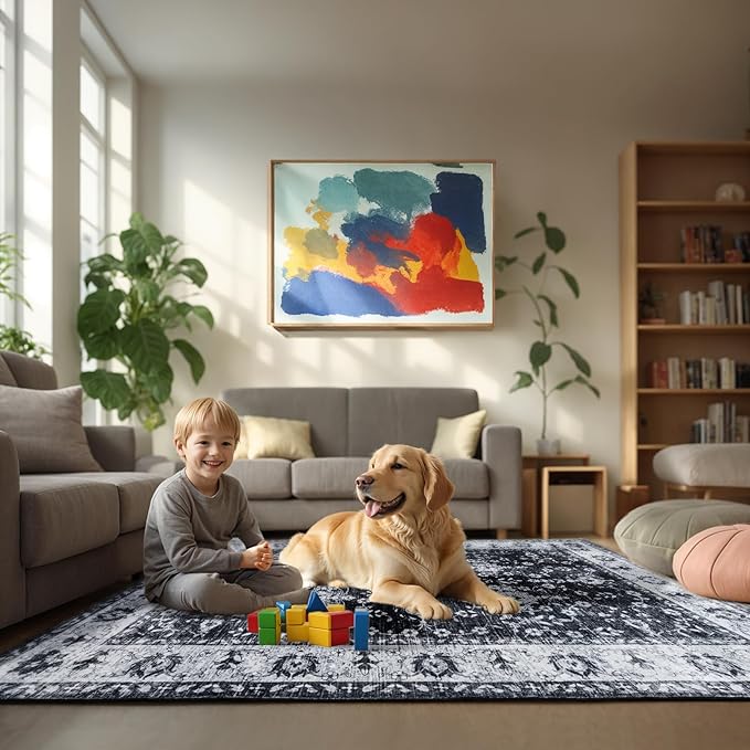 Area Rug for Living Room, 6x9 Machine Washable Non Slip Large Faux Wool Throw Rug, 0.3″ Low Pile & Non-Shedding Boho Large Carpet Rugs for for Dining Room, Bedroom, Office (Black White)