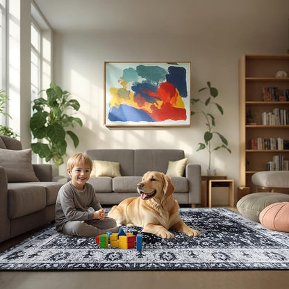 Area Rug for Living Room, 9x12 Machine Washable Non Slip Large Faux Wool Throw Rug, 0.3″ Low Pile & Non-Shedding Boho Large Carpet Rugs for for Dining Room, Bedroom, Office (Black White)