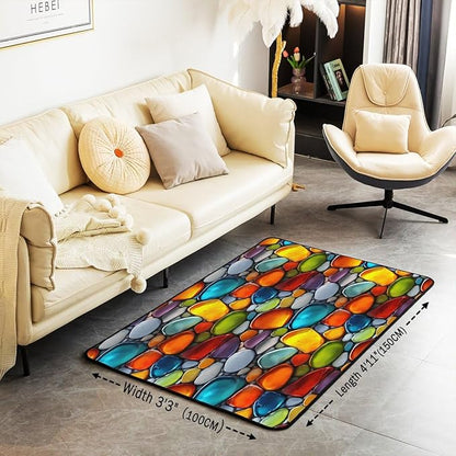Cobblestone 3x5 Area Rug Rainbow Pebble Rugs for Living Room | Garden Gravel Stone Washable Rug, Watercolor Cobble Carpet Indoor Floor Mat