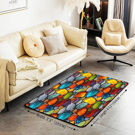 Cobblestone 3x5 Area Rug Rainbow Pebble Rugs for Living Room | Garden Gravel Stone Washable Rug, Watercolor Cobble Carpet Indoor Floor Mat