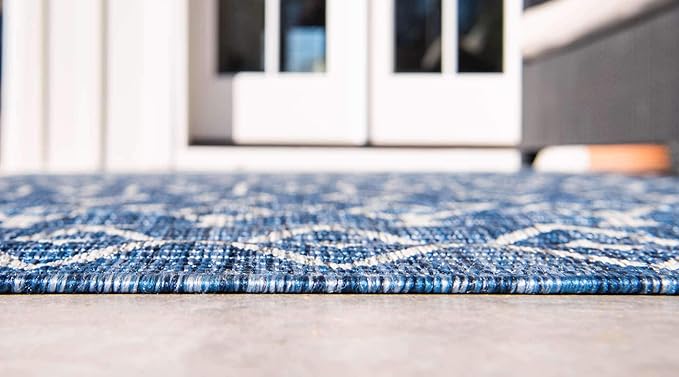 Unique Loom Outdoor Trellis Collection Area Rug - Tribal Trellis (2' x 6' 1" Runner, Blue/ Ivory)