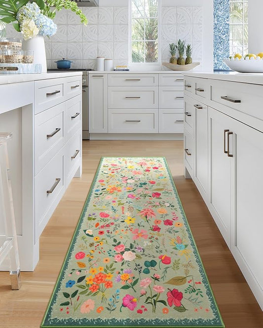 Boho Floral Runner Rug 2x6, Washable Non-Slip Kitchen Rug, Ultra Soft Vintage Carpet for Hallways, Kitchen, Bedroom, Bathroom (Green)