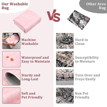 Living Room Area Rug 9x12 Machine Washable Rug Non-Slip Stain Resistant Modern Abstract Bedroom Rug Contemporary Throw Floor Carpet for Dining Room Solid Area Rug for Home Office, Pink
