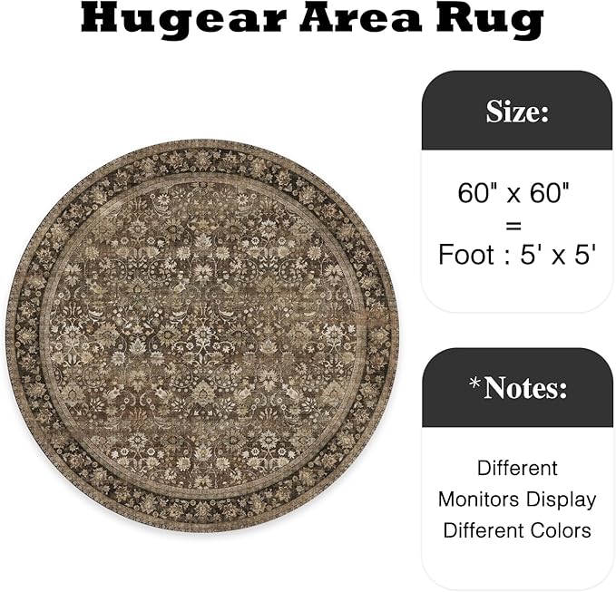 HUGEAR Round Rug 5ft Entryway Rugs Machine Washable Brown Hallway Area Rug 5x5 Small Circle Accent Rug Floral Low Pile Carpet Soft Throw Rug Living Room Office Laundry Room Entrance Non Slip