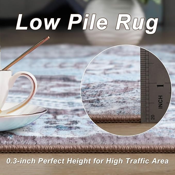 4x6 Area Rug for Bedroom, Machine Washable Rugs with Non-Slip Backing for Living Room, Soft Vintage Carpet Kitchen Laundry Kids Room Decor, Blue & Brown
