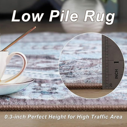 4x6 Area Rug for Bedroom, Machine Washable Rugs with Non-Slip Backing for Living Room, Soft Vintage Carpet Kitchen Laundry Kids Room Decor, Blue & Brown