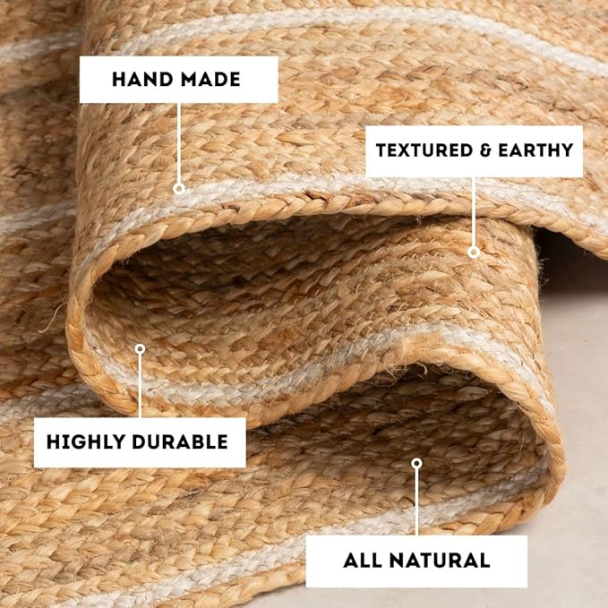 HOMEMONDE Natural Braided Jute Area Rug 5x8 ft - Off White Stripe Eco Friendly Premium Fiber - Hand Woven Rustic Vintage Farmhouse Rugs for Bedroom, Kitchen, Living Room, Dining Room