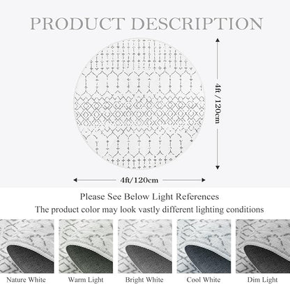Lahome Moroccan Round Rugs 4Ft Washable Non-Slip Small Round Area Rug for Bedroom Soft White Low-Pile Round Throw Rug, Modern Geometric Print Indoor Circle Rugs for Kitchen Living Room Sofa Nursery