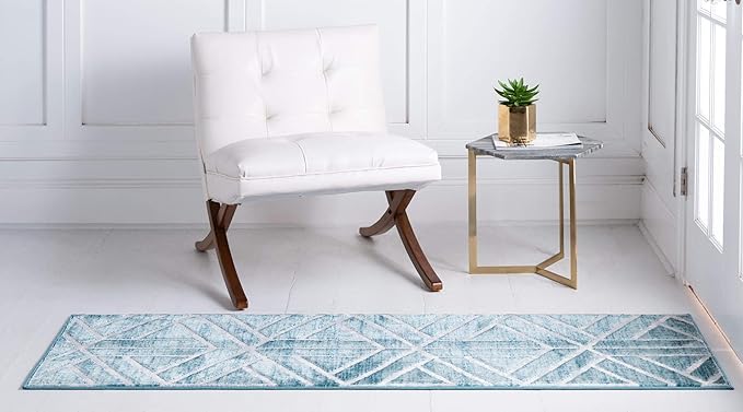 Rugs.com Lattice Trellis Collection Rug – 10 Ft Runner Blue Low-Pile Rug Perfect for Hallways, Entryways