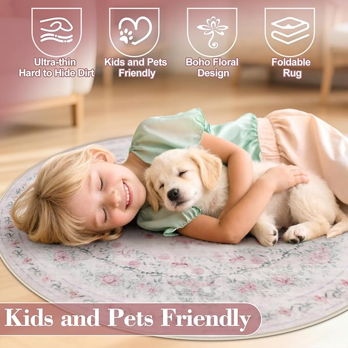 Wonnitar Bow Print Washable 4ft Round Rug, Pink Circle Rug for Girl Nursery Decor, Non Slip Ultra-Thin Soft Boho Floral Small Cute Circular Carpet for Kids Bedroom Baby Room, Light Pink