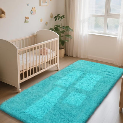 Teal Blue Rug Fluffy Rugs, 2x6 Teal Area Rugs for Bedroom, Soft Cute Baby Play Mat, Indoor Floor Carpet for Teen, Nursery, Preppy Dorm, Plush Aesthetic Bedside Rug