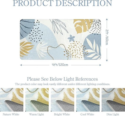 Lahome Boho Rug Runner - 2x4 Area Rug Non-Slip Washable Soft Bathroom Runner Rug Small Throw Long Bath Rug Blue Kitchen Runner, Botanical Print Foor Mats Runner Rug for Bedroom Hallway Laundry Room