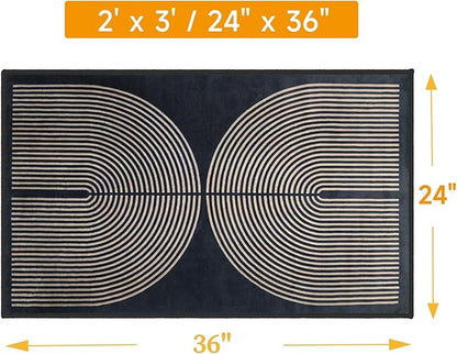 Modern Rainbow Area Rug 2x3 Black Soft Plush Low Pile Non-Slip Washable Doormat, Farmhouse Kitchen Bathroom Mat for Entrance Bedroom Laundry Room