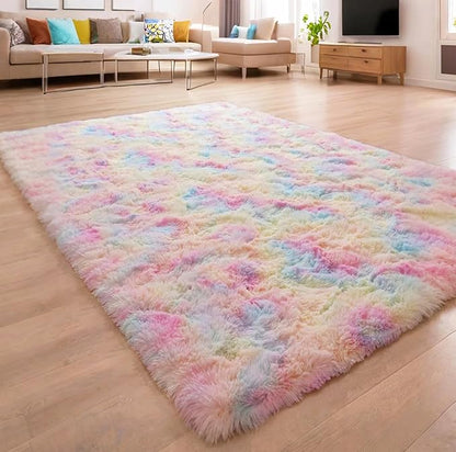 Beglad Fluffy Area Rugs 4x6 Feet, Modern Minimalist Style Shag Rugs, Non-Slip Indoor Carpet Soft Rugs for Bedroom, Living Room & Kids Room, Rainbow