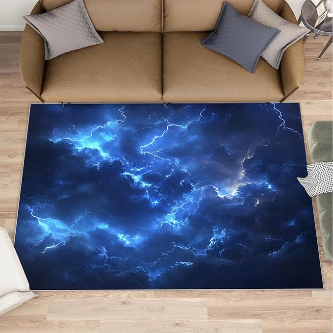 5x8 Lightning Kids Rug - Natural Weather Dining Room Rug, Thunderstorm Lightning Area Rugs Indoor Modern Rugs for Bedroom Hardwood Floors Teen Room