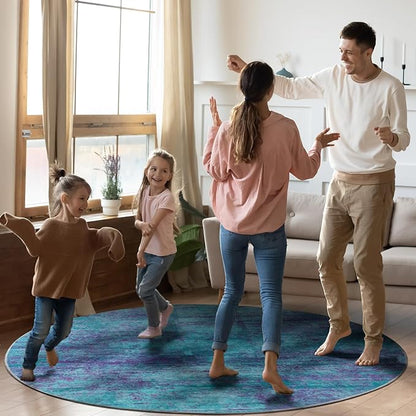 Round 5ft Abstract Rug, Modern Washable Indoor Circle Area Rugs for Living Room, Soft Circular Non-Slip Carpet Floor Mat for Entryway Dining Room Home Office - Teal+Purple