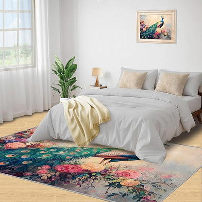 Peacock Peony Rug 8x10-8x10 Rug, Classic Peacock Peony Area Rugs for Bedroom, Teal Turquoise Rugs for Living Room, Peafowl Washable Mat, Malachite Green Feather Carpet - Peafowl Home Decor & Gifts