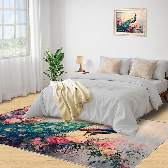 Peacock Peony Rug 3x5-3x5 Rug, Classic Peacock Peony Area Rugs for Bedroom, Teal Turquoise Rugs for Living Room, Peafowl Washable Mat, Malachite Green Feather Carpet - Peafowl Home Decor & Gifts