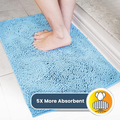 Muddy Mat® AS-SEEN-ON-TV Highly Absorbent Microfiber Door Mat and Pet Rug, Non Slip Thick Washable Area and Bath Mat Soft Chenille for Kitchen Bathroom Bedroom Indoor and Outdoor - Sky Blue 24" x 120"