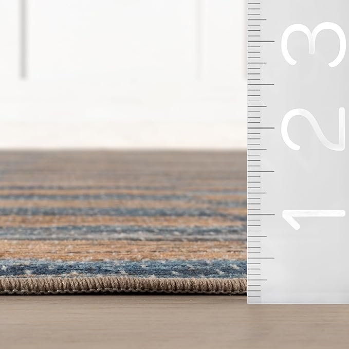 Dash & Albert Ravel Stripe Blue Machine Washable Rug, 3 X 5 Feet, Tan/Blue Stripe Pattern