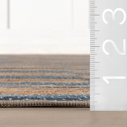 Dash & Albert Ravel Stripe Blue Machine Washable Rug, 3 X 5 Feet, Tan/Blue Stripe Pattern