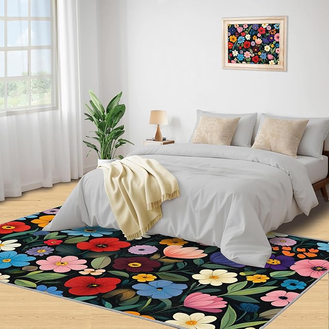 Boho Flowers Rugs for Bedroom - 4x5 Area Rug - Cartoon Flowers Rugs for Living Room, Abstract 3D Floral Rug, Non-Slip Washable Home Decor Carpet