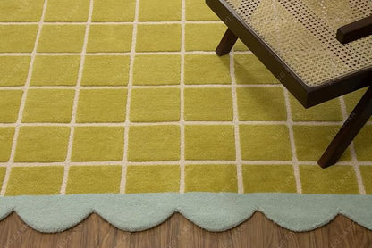 Checkered Wool Area Rug with Scalloped Border, Chartreuse Green & Cream Grid, Hand-Tufted, Soft Cut Pile, Modern Cottagecore Living Room, Bedroom & Nursery Carpet - 9x13 Ft