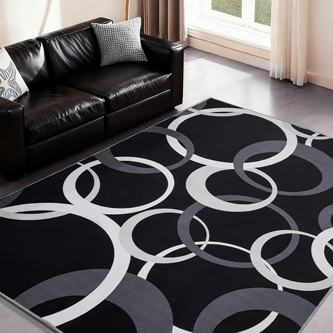 YIHOUSE 5x7 Ft Area Rugs, Concentric Circle Carpet Washable Rug, Black and White Geometric Design Rug for Living Room, Bedroom, Playroom, Nursery, Home Office Decor, Nonslip Non-Shedding