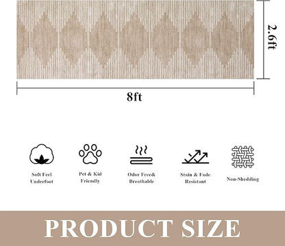 HelloTree Hallway Runner Rug,2.6x8 Moroccan Modern Stripe Carpet Washable Machine Bathroom Runner Bohemian Modern Soft Non Slip Indoor Rug for Entryway Hallway Laundry Room Bedroom-Pink&Khaki