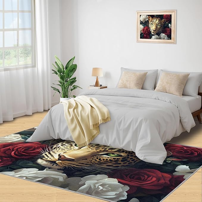 Leopard Rugs for Bedroom - 6x9 Area Rug - Flowers Leopard Rugs for Living Room, 3D Flowers Animal Rug, Washable Home Decor Carpet