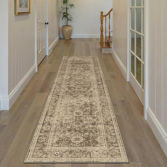 2x10 Washable Runner Rug for Kitchen Hallway Brown Vintage Non-Slip Low Pile Distressed Rustic Carpet Lightweight Vacuumable Soft Long Throw Rug for Indoor Entryway Bedroom