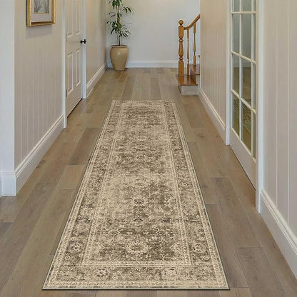 3x8 Washable Runner Rug for Kitchen Hallway Brown Vintage Non-Slip Low Pile Distressed Rustic Carpet Lightweight Vacuumable Soft Long Throw Rug for Indoor Entryway Bedroom