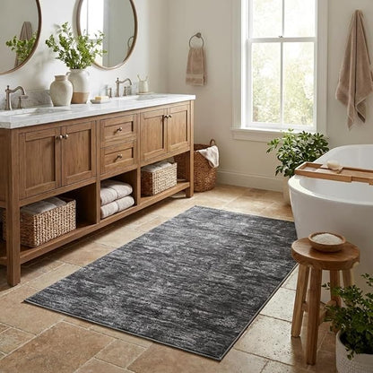 Garvee Bath Rugs for Bathroom 5x7 Rug for Entryway Indoor Machine Washable Area Rugs with Non Slip Backing, Non Shedding Stain Resistant Modern Solid Carpet for Living Room, Bedroom, Dark Grey